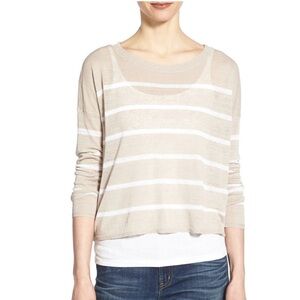 Eileen Fisher Beige and White Linen Knit Sheer Cropped Summer Sweater